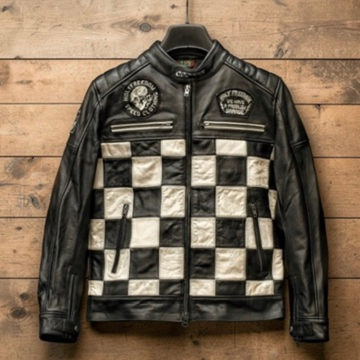 HOLYFREEDOM ホーリーフリーダム パッチワーク レザージャケット ”ZERO BONNEVILLE JACKET" 【ブラック/チェッカー】