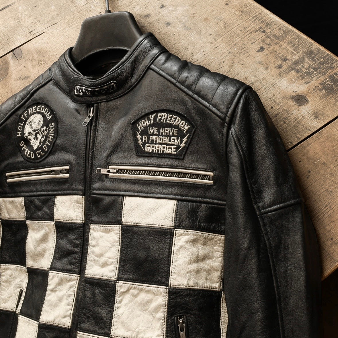 HOLYFREEDOM ホーリーフリーダム パッチワーク レザージャケット ”ZERO BONNEVILLE JACKET" 【ブラック/チェッカー】